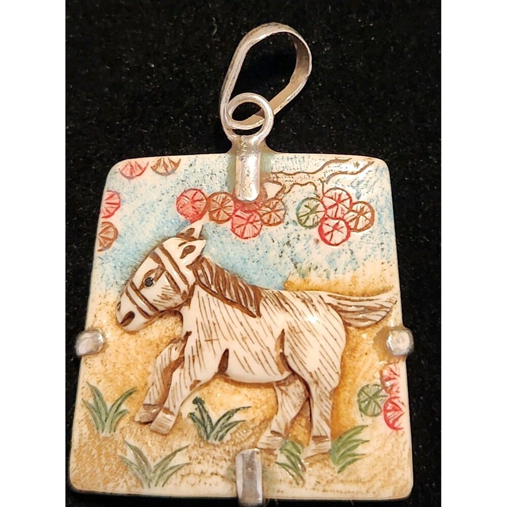Vintage Sterling Silver Chinese Zodiac Horse Pendant Hand Carved Painted Charm